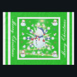 Toalha De Mesa O Glittery Christmas Snowman -<br><div class="desc">Este design apresenta um floco de neve branco e azul, uma árvore ouro, flocos de neve coloridos e muitos homens de neve vestidos para uma fria época de Natal. Uma falha foi adicionada a este design. Um fundo verde foi adicionado com uma borda branca. Feliz Natal foi adicionado a este...</div>