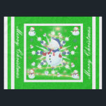 Toalha De Mesa O Glittery Christmas Snowman -<br><div class="desc">Este design apresenta um floco de neve branco e azul, uma árvore ouro, flocos de neve coloridos e muitos homens de neve vestidos para uma fria época de Natal. Uma falha foi adicionada a este design. Um fundo verde foi adicionado com uma borda branca. Feliz Natal foi adicionado a este...</div>