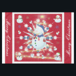 Toalha De Mesa O Glittery Christmas Snowman -<br><div class="desc">Este design apresenta um floco de neve branco e azul, uma árvore ouro, flocos de neve coloridos e muitos homens de neve vestidos para uma fria época de Natal. Uma falha foi adicionada a este design. Um fundo vermelho foi adicionado com uma borda branca. Feliz Natal foi adicionado a este...</div>