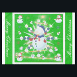 Toalha De Mesa O Glittery Christmas Snowman -<br><div class="desc">Este design apresenta um floco de neve branco e azul, uma árvore ouro, flocos de neve coloridos e muitos homens de neve vestidos para uma fria época de Natal. Uma falha foi adicionada a este design. Um fundo verde foi adicionado com uma borda branca. Feliz Natal foi adicionado a este...</div>