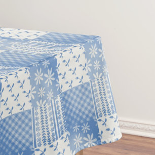 Toalha De Mesa Olhar Vintage Denim Azul Creme Branco Patchwork