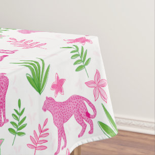 Toalha De Mesa Onça Rosa Préppy com Fundo Floral Branco 
