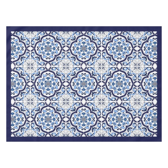 Toalha De Mesa  Ornamentado Azul Floral Mediterrâneo Azulejo Sici (Frente (Horizontal))