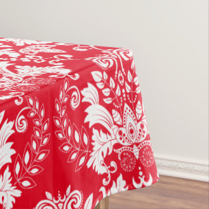 Toalha De Mesa Ornamentado White Floral Damascos Vermelhos Fundo
