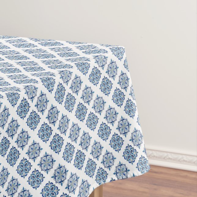 Toalha De Mesa Ornamento bordado azul no branco (Posição Original)