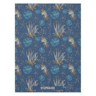 Toalha De Mesa Ouro Starfish e Coral Reef Patterno em Azul