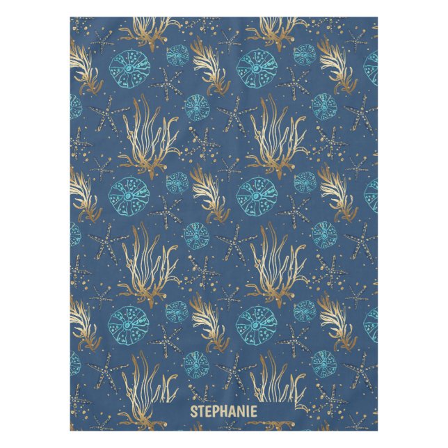 Toalha De Mesa Ouro Starfish e Coral Reef Patterno em Azul (Frente)