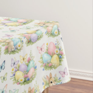 Toalha De Mesa Ovos e Coelhos de Páscoa em Pastel Flores e Borbol