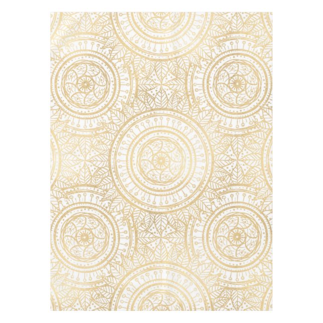 Toalha De Mesa Padrão Branco Elegante Dourado de Mandala Girassol (Frente)