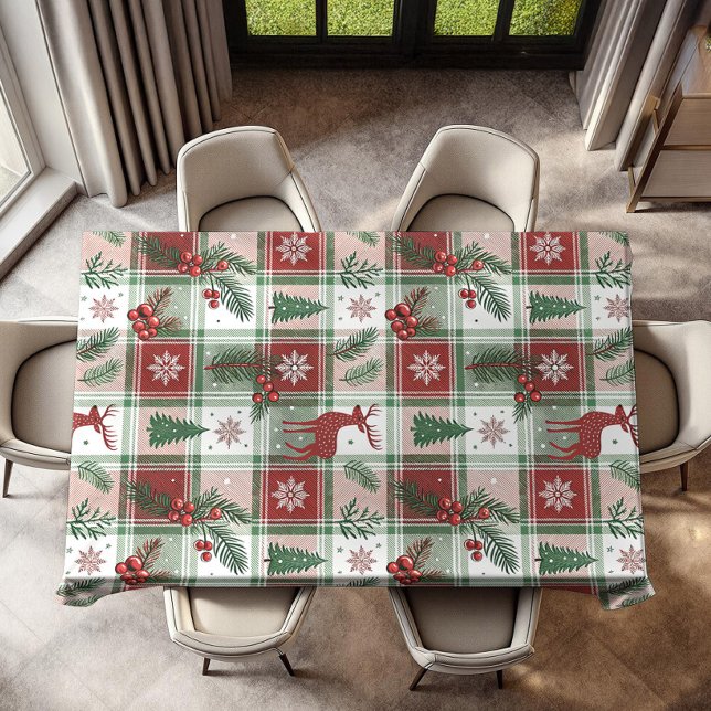 Toalha De Mesa Padrão Clássico de Natal Xadrez e Folhas de Azevin (Criador carregado)
