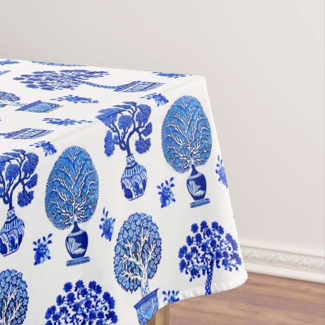 Toalha De Mesa Padrão das árvores Bonsai em azul-cobalto e branco (Posição Original)