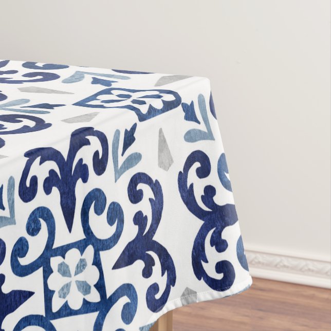 Toalha De Mesa Padrão de Azulejo Floral Branco e Azul do Marrocos (Posição Original)