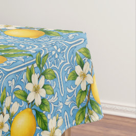 Toalha De Mesa Padrão de Azulejo Mediterrâneo Azul Aquarela Limão