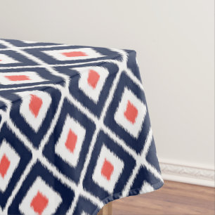 Toalha De Mesa Padrão de Diamante de Ikat Branco, Azul Marinho, 