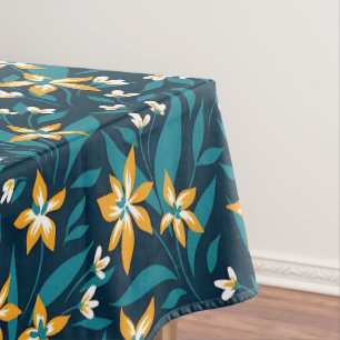 Toalha De Mesa Padrão de Flor Amarela Elegante em Folhas Verde Es