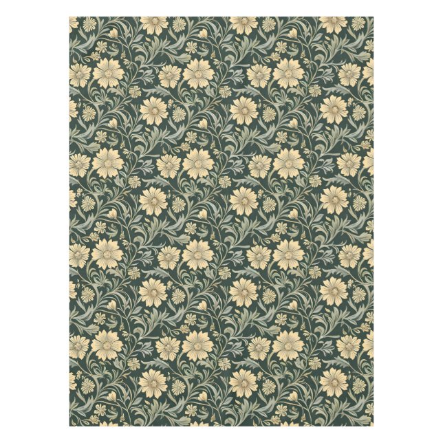 Toalha De Mesa Padrão de flores amarelas estilizadas em verde esc (Frente)