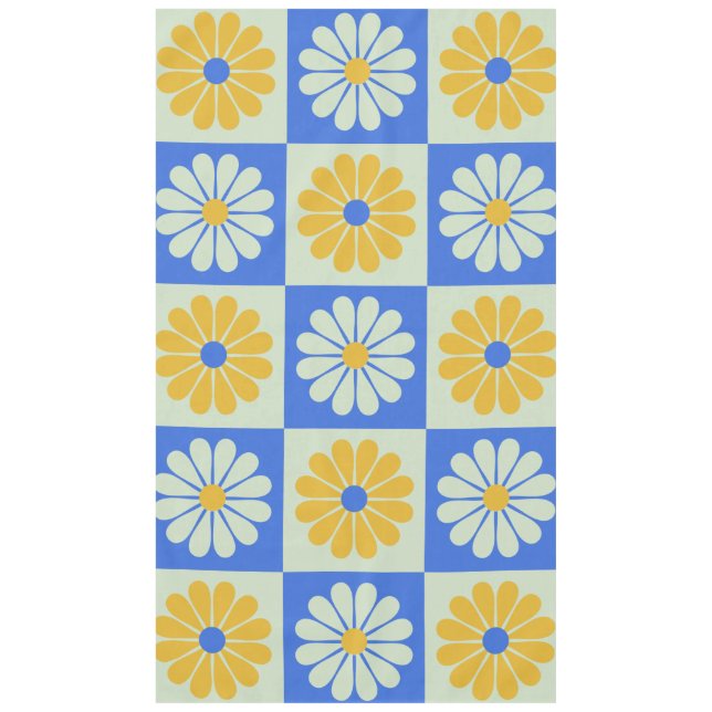 Toalha De Mesa Padrão de Flores de Mod Retroativo em Azul e Amare (Frente)