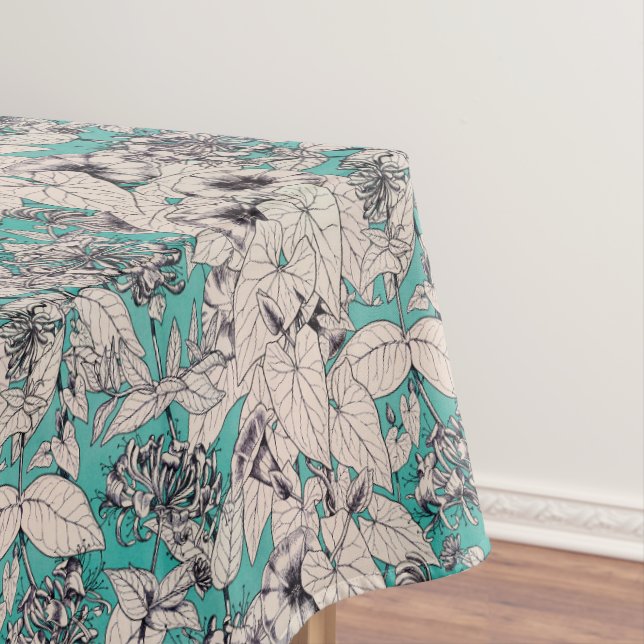 Toalha De Mesa Padrão de Flores Gráficas Brancas Teais (Posição Original)