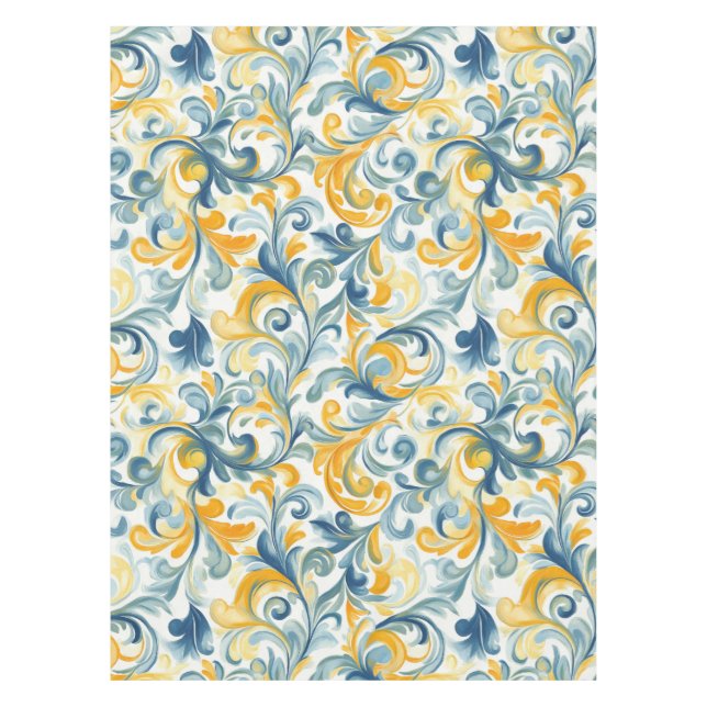 Toalha De Mesa Padrão de Folha Azul e Dourada (Frente)