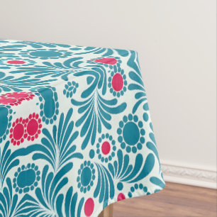 Toalha De Mesa Padrão de Folhagem Azul Turquesa e Magenta Elegant