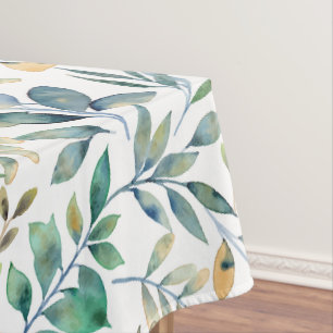 Toalha De Mesa Padrão de Folhas Verde e Amarelo em Aquarela Fresc