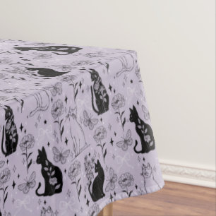 Toalha De Mesa Padrão de Gato Preto Místico e Borboleta   Witchy