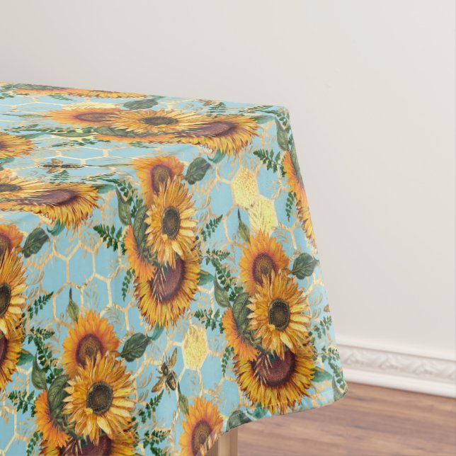 Toalha De Mesa Padrão de Girassol Favo de Mel Dourado Abelhas Águ (Posição Original)