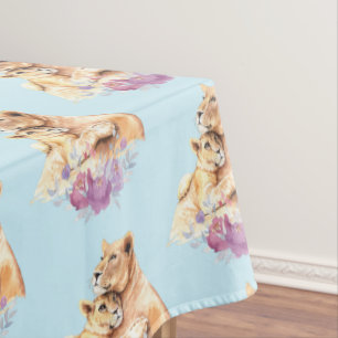 Toalha De Mesa Padrão de Leão e Cubo da Mãe de Cores Aquática