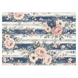 Toalha De Mesa Padrão de Listra Floral Azul Marinho em Aquarela