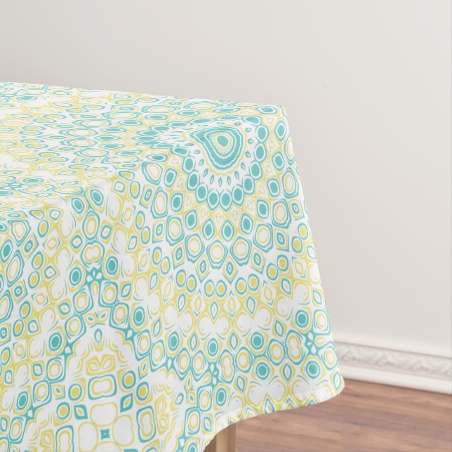 Toalha De Mesa Padrão de Mandala Geométrico Teal e Amarelo (Posição Original)