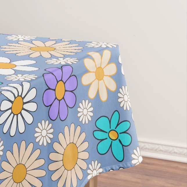Toalha De Mesa Padrão de margarida retrô simples.01. L Azul BG (Posição Original)