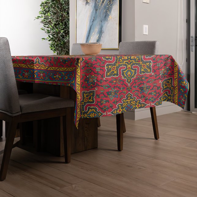 Toalha De Mesa Padrão de Rug Persa Elegante (A modern table is covered with an Elegant Persian Rug Pattern Tablecloth.)