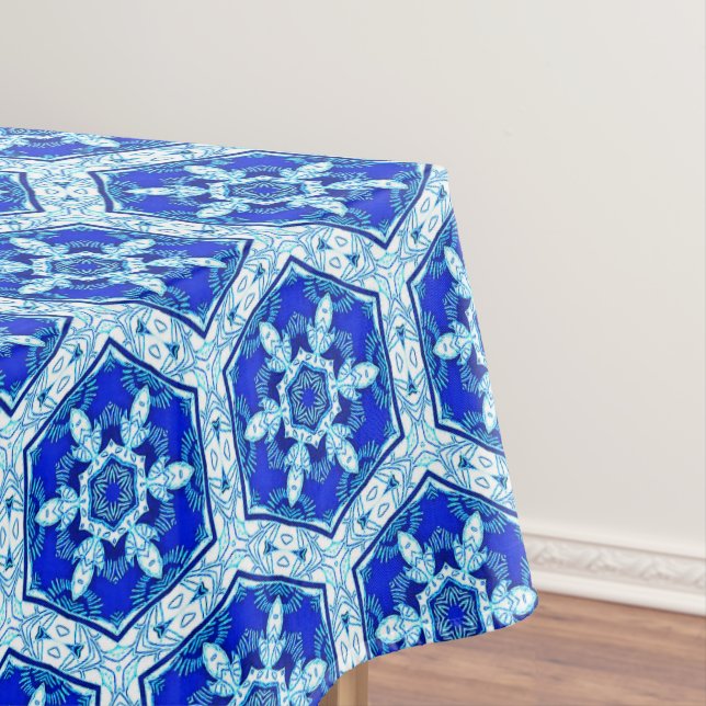 Toalha De Mesa Padrão de Snowflake - Azul Cobalto e Branco (Posição Original)