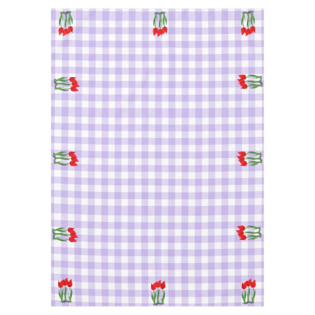 Toalha De Mesa Padrão de Xadrez Branco e Lavanda e Tulipas (Frente)