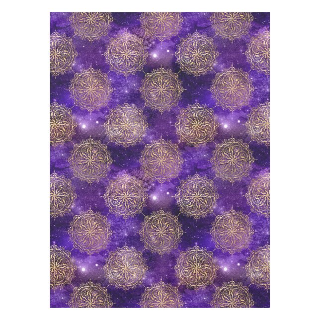 Toalha De Mesa Padrão Dharma Mandala da Galáxia Dourada e Roxa (Frente)