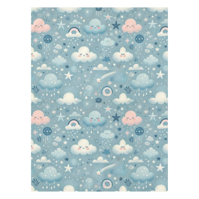 Toalha De Mesa Padrão do Céu Whimsical com Nuvens, Estrelas - Azu (Frente)