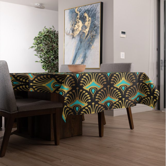 Toalha De Mesa Padrão Dourado e azul de Art Deco a preto (Criador carregado)