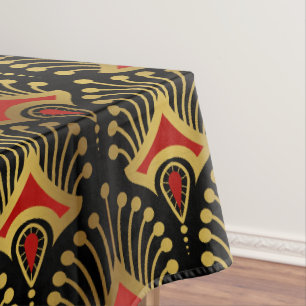 Toalha De Mesa Padrão Dourado e vermelho de Art Deco em preto Cur