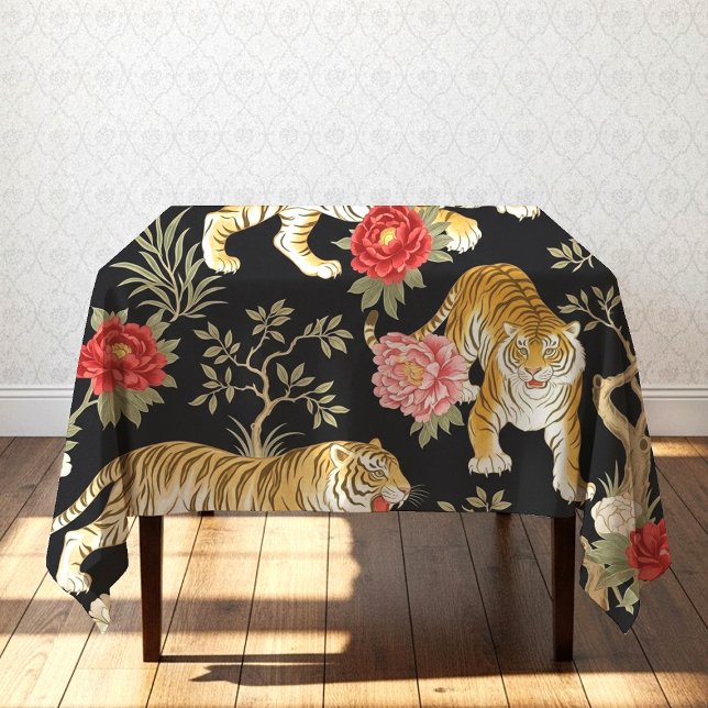 Toalha De Mesa Padrão Elegante de Chinoiserie Preto com Tigre e P (Criador carregado)