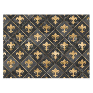 Toalha De Mesa Padrão Fleur-de-lis Marble Preto e Dourado