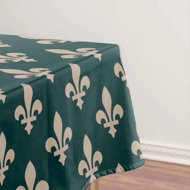 Toalha De Mesa Padrão Flor de Lis, Creme Real Francês sobre Verde (Posição Original)