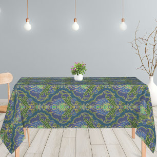 Toalha De Mesa Padrão Floral Azul, Verde e Dourado Vintage