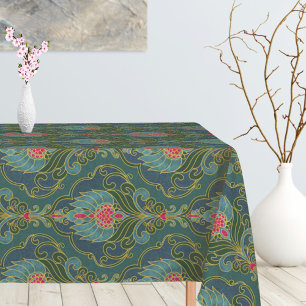 Toalha De Mesa Padrão Floral Azul Vintage, Rosa Quente e Dourado