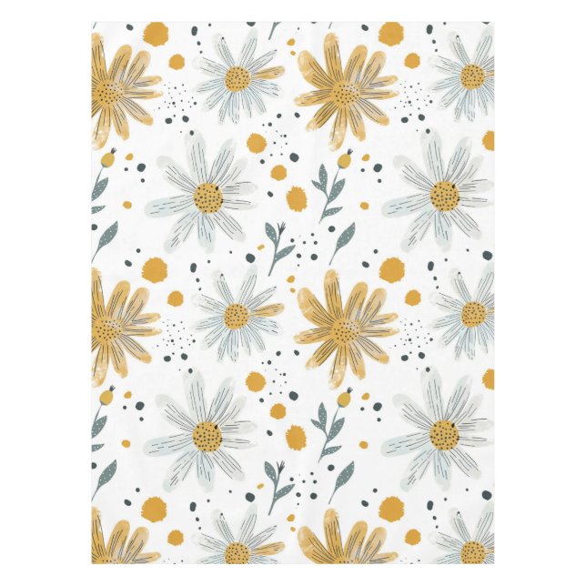 Toalha De Mesa Padrão Floral Branco e Amarelo (Frente)