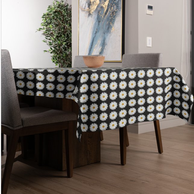 Toalha De Mesa Padrão Floral de Margarida Branca em Preto (In Situ Table)