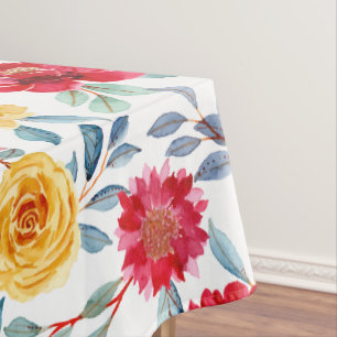 Toalha De Mesa Padrão Floral em Aquarela Alegre em Rosa Amarelo