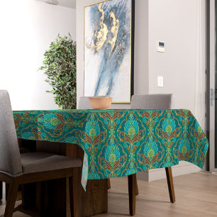 Toalha De Mesa Padrão Floral Turquesa, Marrom e Dourado Vintage