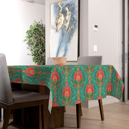 Toalha De Mesa Padrão Floral Vintage Turquesa, Vermelho e Dourado