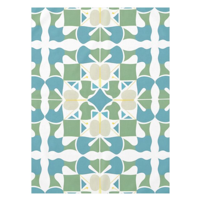 Toalha De Mesa Padrão Geométrico Abstrato em Verde e Azul (Frente)