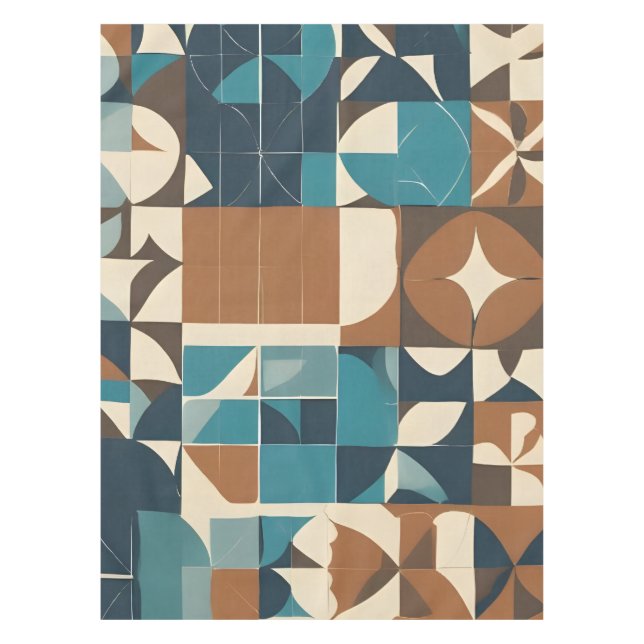 Toalha De Mesa Padrão Geométrico Azul Escuro, Turquesa, Marrom e  (Frente)
